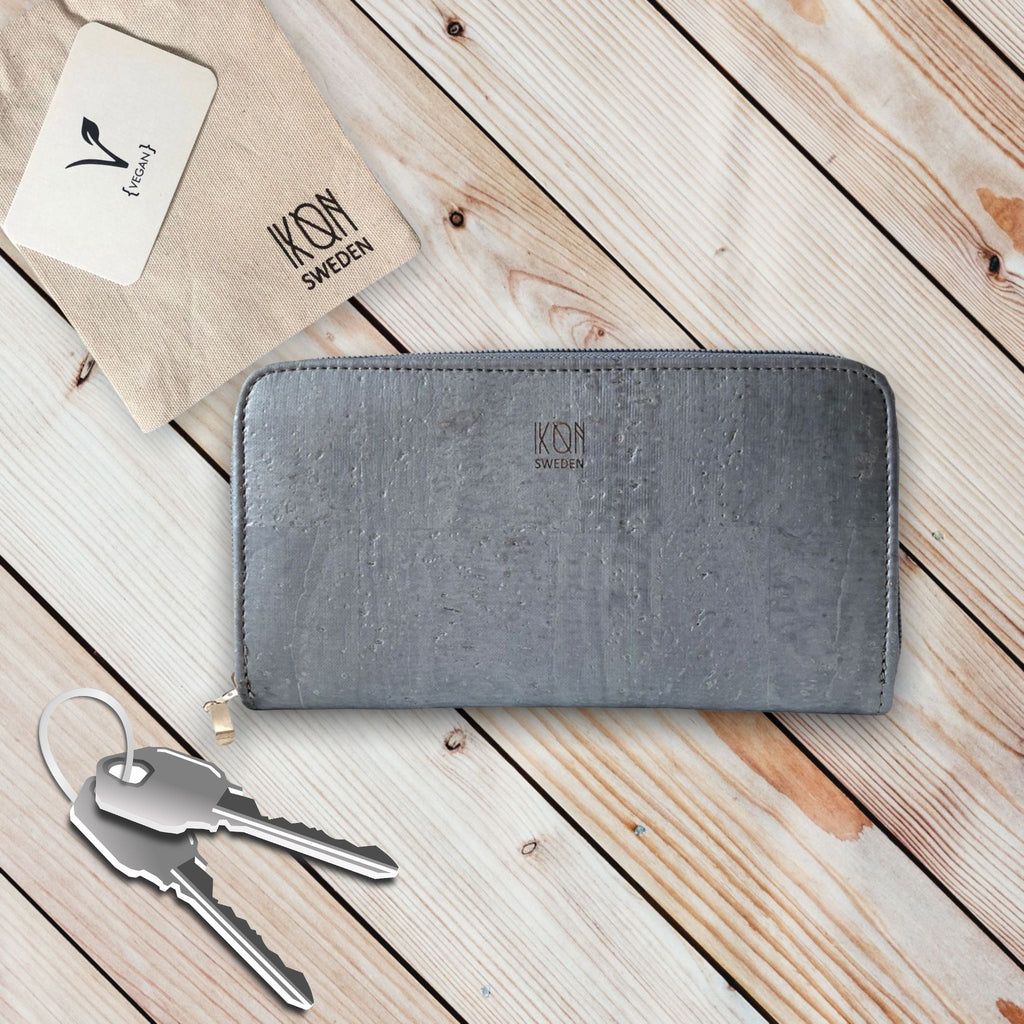 Cork Leather Vegan Zip Wallet - Metallic Grey